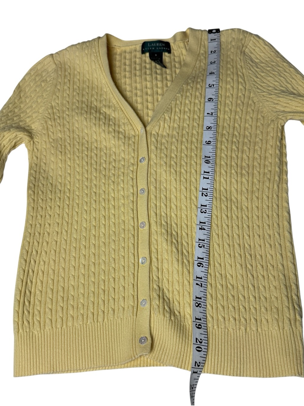 Lauren Ralph Lauren Yellow Cardigan Fisherman Cable Knit Sweater SZ S Preppy EUC - Picture 7 of 9
